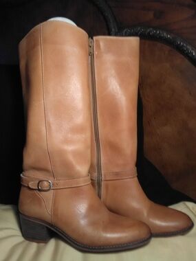 VINTAGE 1980s (BRAZIL, THE SHOE PLACE) Classic Tall Leather Boots Tan SZ. 6.5 M